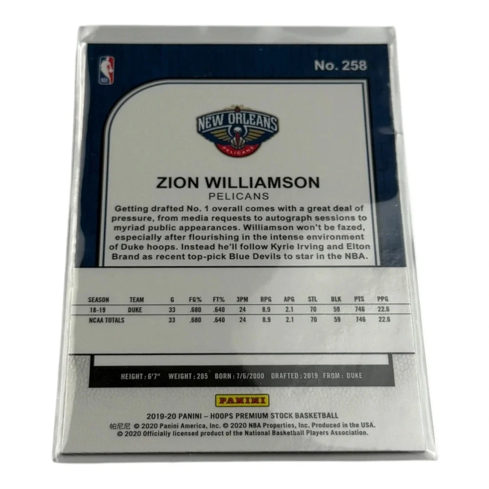 2019-20 Panini NBA Hoops Premium Stock Zion Williamson Rookie Card RC 258 Silver
